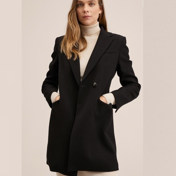 MANGO MNG l Black Fitted Long Double Breasted Coat Fall Winter Casual Work NWT M - Picture 10 of 10